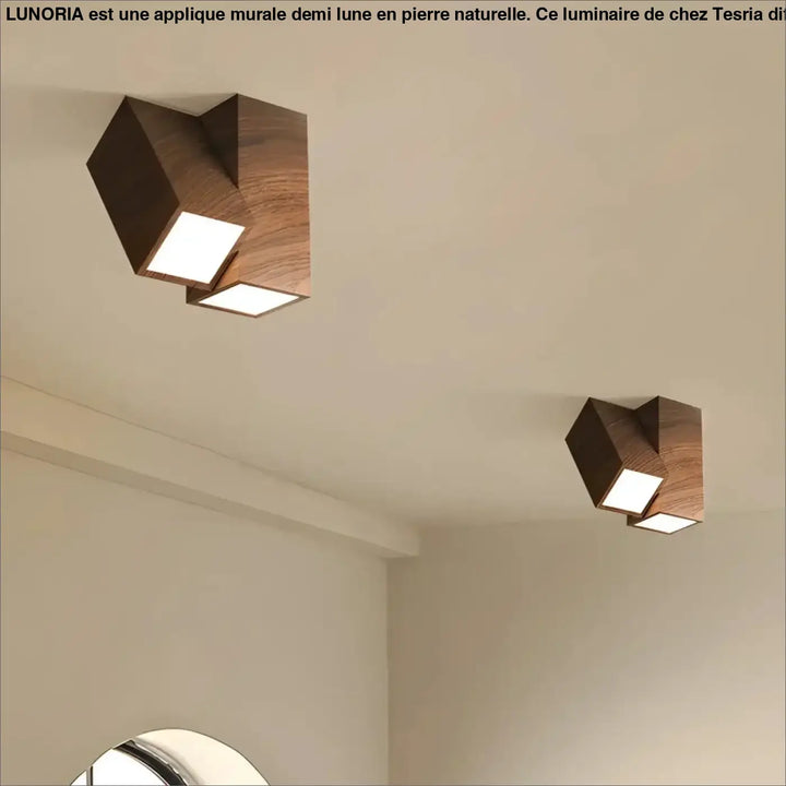 Applique murale demi lune lunoria avec lumière led carrée et finition bois chaud en pierre naturelle moderne