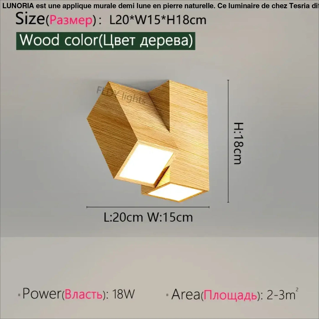 Applique murale demi lune lunoria en pierre naturelle avec lampe geometrie moderne finition bois avec deux panneaux lumineux