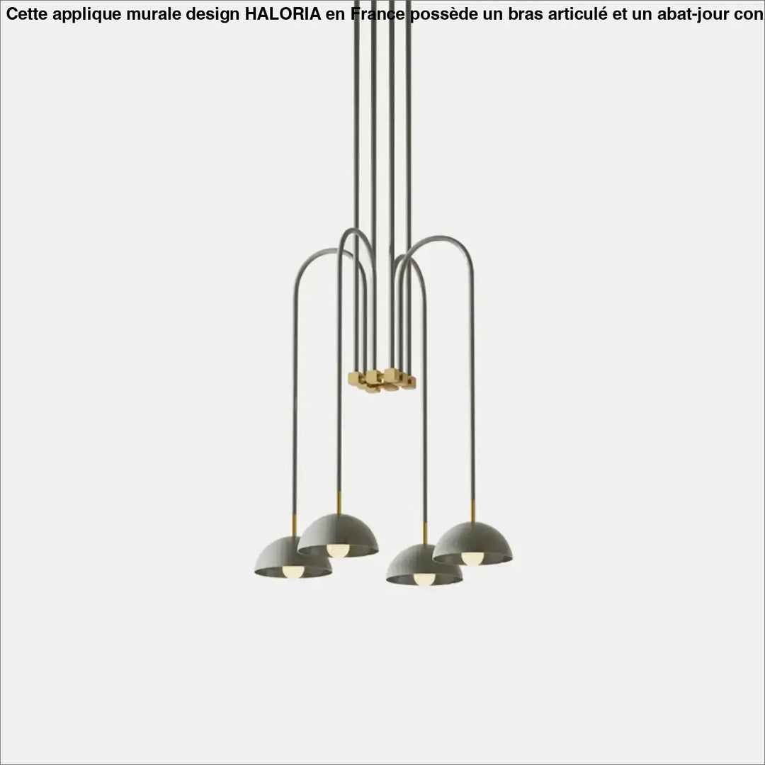 Suspension luminaire rumia avec cinq abat-jours gris mat et bras noirs fins au design moderne et présence spectaculaire