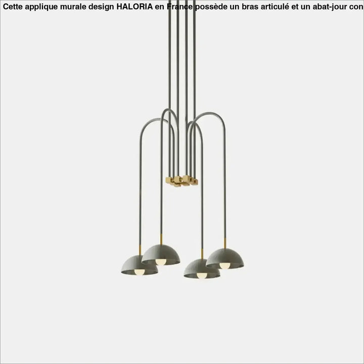 Suspension luminaire rumia avec cinq abat-jours gris mat et bras noirs fins au design moderne et présence spectaculaire