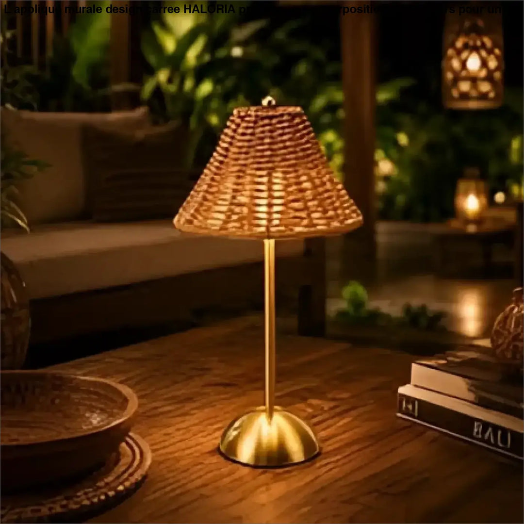 Lampe de table cannela avec abat-jour en rotin tressé et pied doré en métal pour décoration intérieure élégante