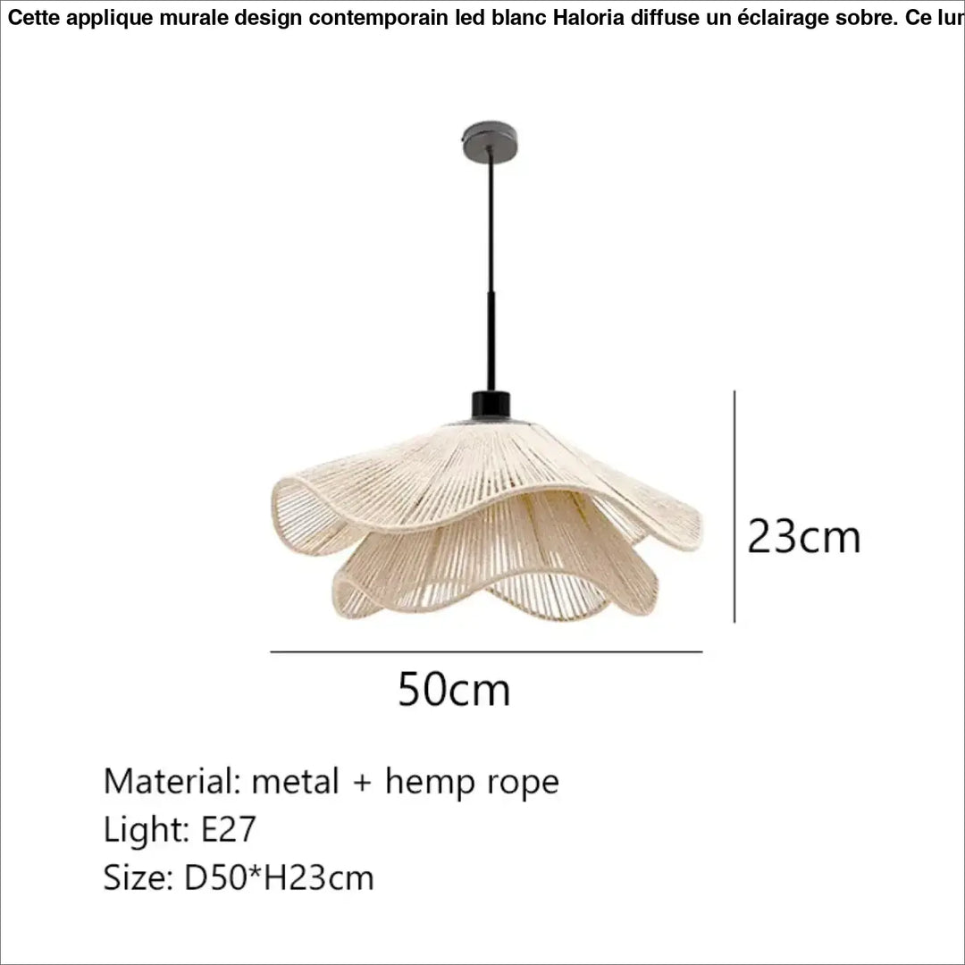 Applique murale design contemporain beige avec suspension en couches en corde de chanvre tressée et cadre métallique led blanc haloria