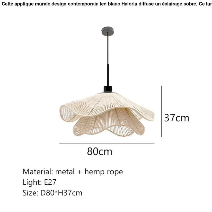 Applique murale design contemporain led blanc haloria avec suspension beige à couches en corde de chanvre tressée et cadre métallique