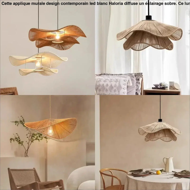 Beige applique murale design en rotin tressé avec led blanc et motif superposé en forme de pétales contemporain haloria