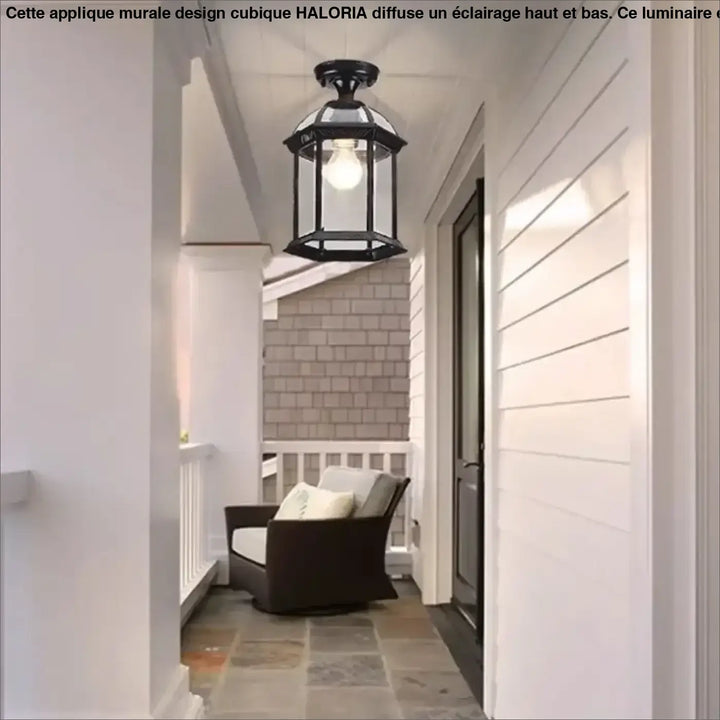 Luminaire plafonnier kaguya en métal noir avec lanterne en fer forgé et ampoule exposée pour style vintage