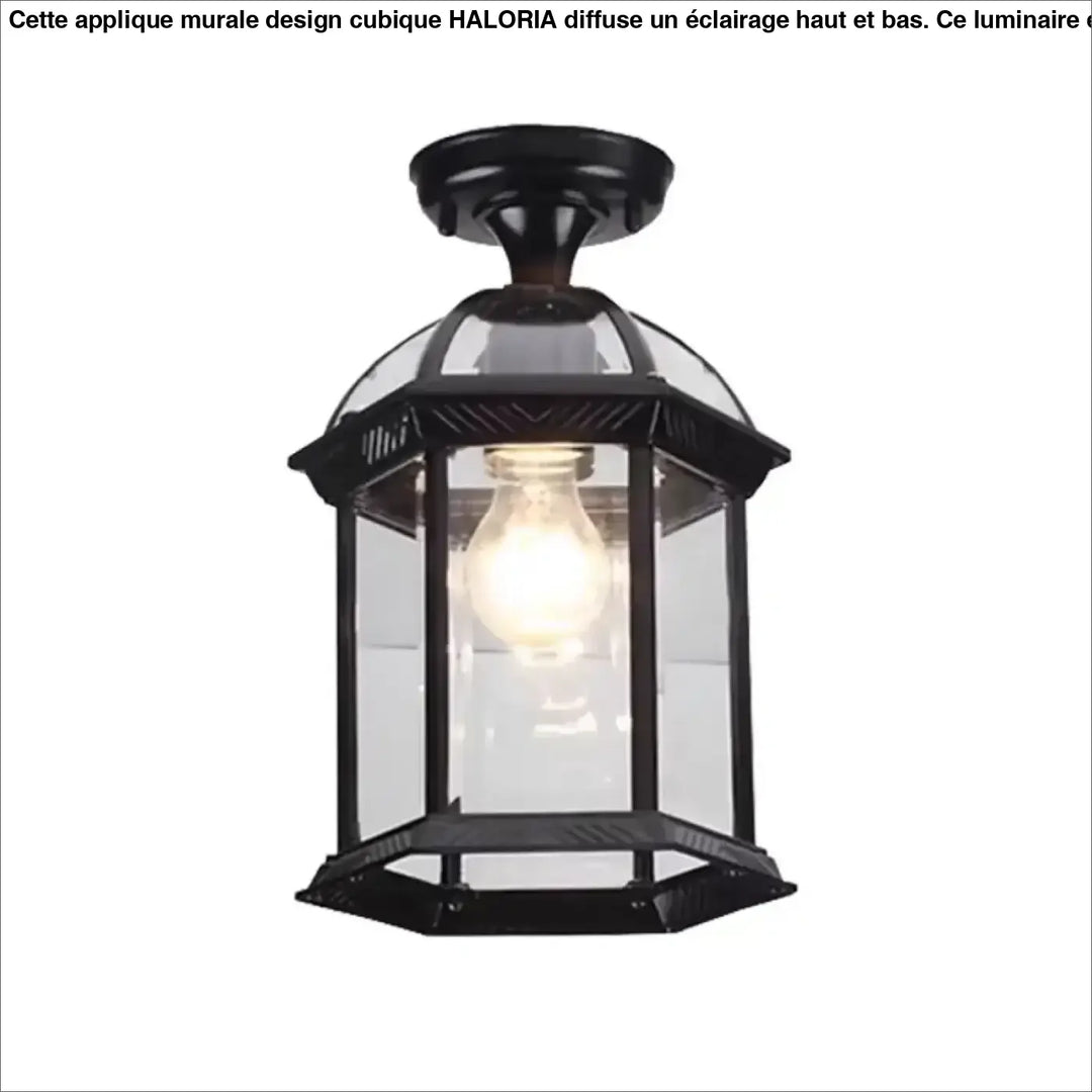 Luminaire plafonnier vintage en métal noir avec lanterne en fer forgé et ampoule à lumière chaude visible à travers verre clair