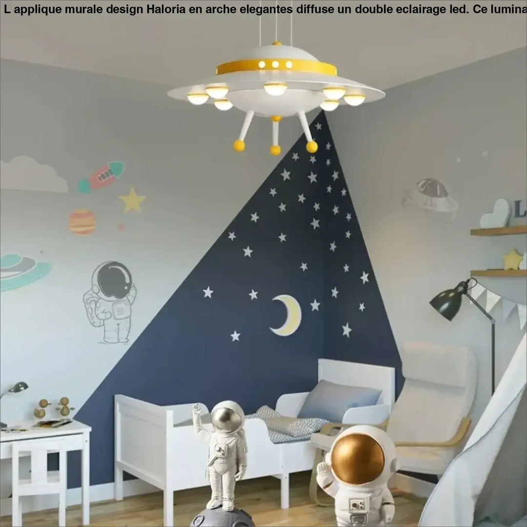 Suspension luminaire cosmolux soucoupe volante blanc et jaune avec lumières circulaires lumineuses idéale suspension luminaire enfant