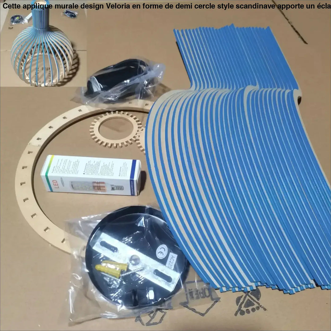 Suspension luminaire fosca blue and white striped wooden lampshade assembly kit bois aux lignes design