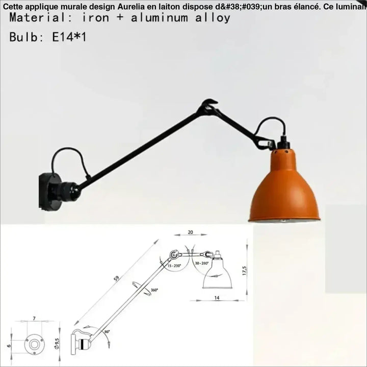 Applique murale design a bras elance aurelia en alliage de fer et aluminium avec bras articulé noir et lampe orange industrielle
