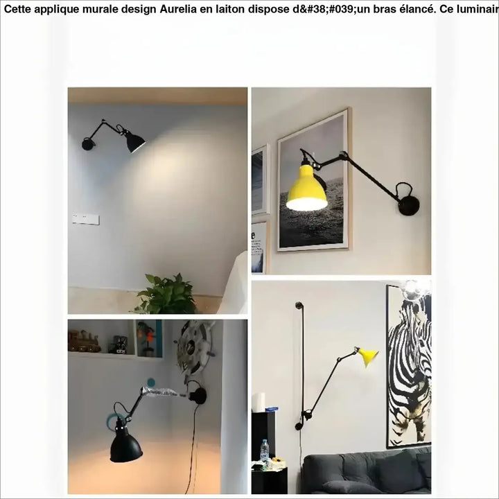 Applique murale design en laiton noire et jaune avec bras articulé ajustable pour lecture murale elegante aurelia