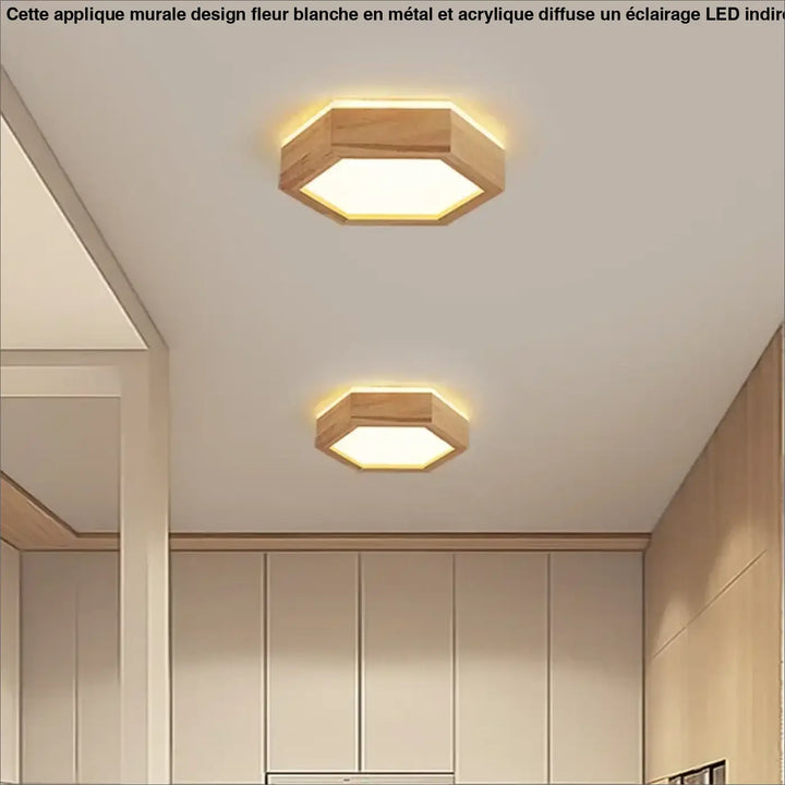 Applique murale design fleur avec cadre en bois naturel hexagonal et lumière led chaude pour intérieur moderne