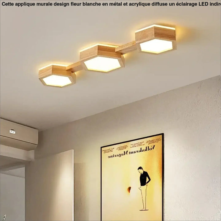 Applique murale design fleur blanche moderne led florea avec fixation hexagonale en bois et trois panneaux lumineux