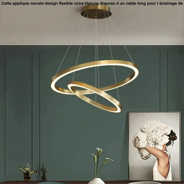 Applique murale design haloria noire avec double anneau led doré et câble long pour un éclairage moderne et minimaliste