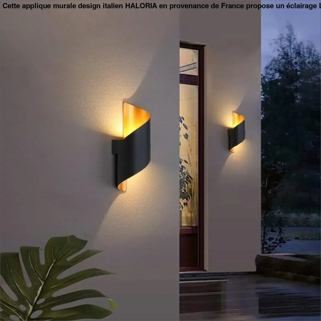 Applique murale design italien haloria avec design minimaliste en noir et or, finition courbée moderne et élégante