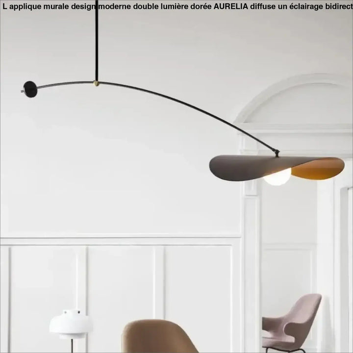 Suspension moderne en arc noir avec abat jour doré chic