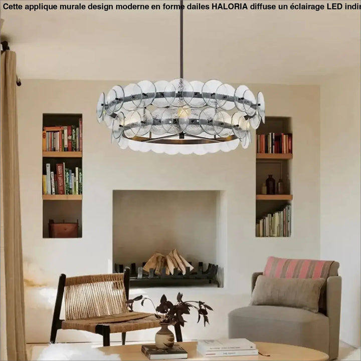 Applique murale design moderne en forme dailes avec disques en verre clair et cadre en métal foncé suspendue au plafond