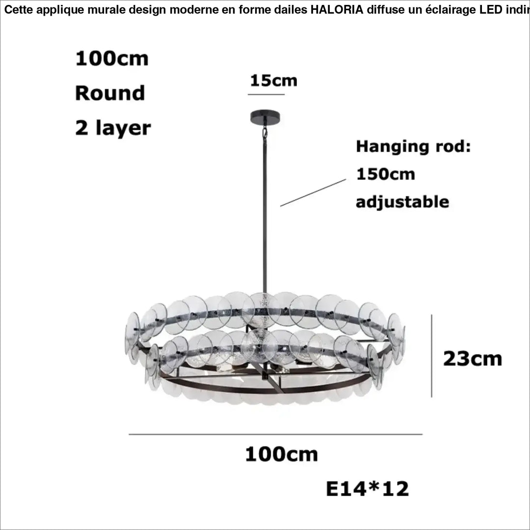 Applique murale design moderne en forme dailes avec suspension ronde en verre clair et cadre metal noir haloria
