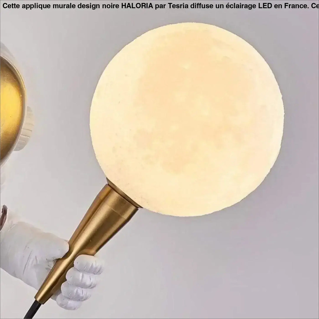 Applique murale design noire haloria avec lampe sphérique chaude texturée sur tige dorée élégante