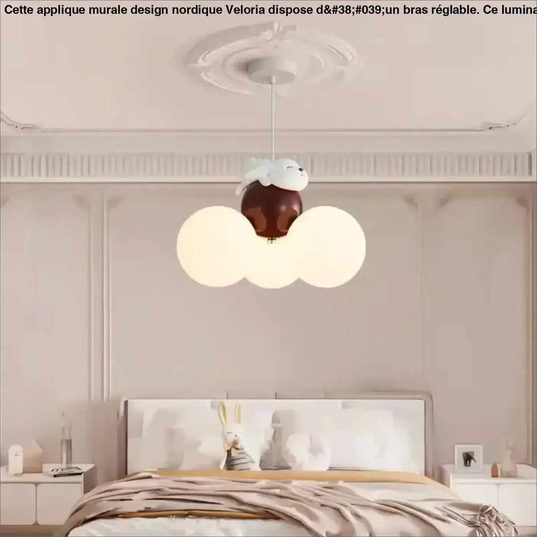 Applique murale design nordique veloria en forme de lapin blanc avec trois globes en verre dépoli et base sphérique marron