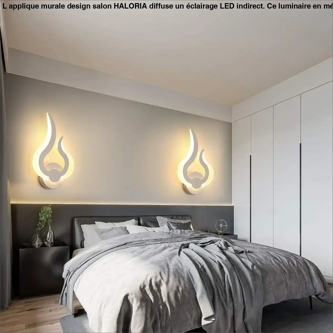 Applique murale design salon haloria avec led en forme de flamme finition blanche et lumière ambiante chaude