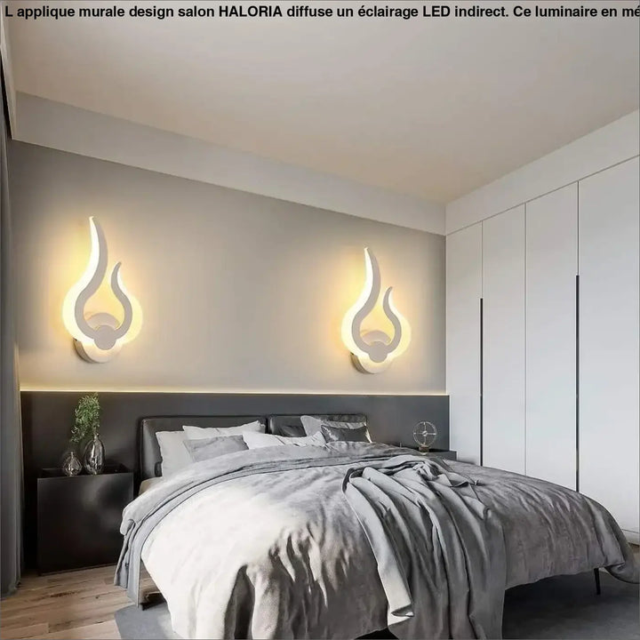 Applique murale design salon haloria avec led en forme de flamme finition blanche et lumière ambiante chaude