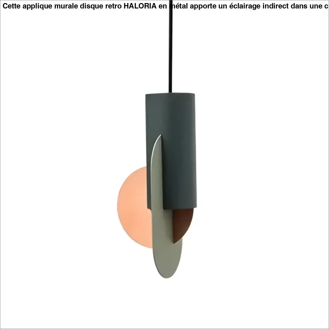 Applique murale disque retro pour chambre a coucher avec corps cylindrique mat gris fonce et plaques metalliques geometriques sauge et cuivre