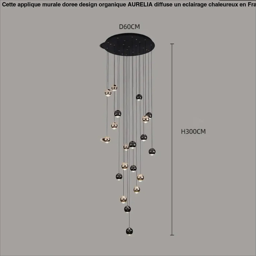 Suspension Contemporaine Cascade Boules Noires Dorées