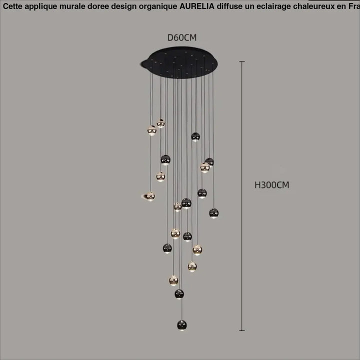 Suspension Contemporaine Cascade Boules Noires Dorées