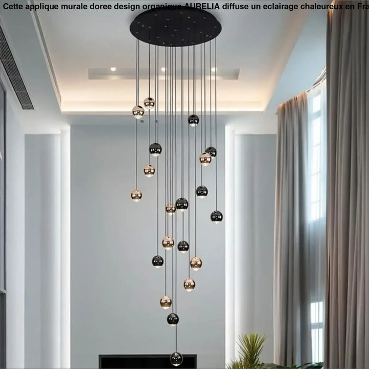 Suspension Contemporaine Cascade Boules Noires Dorées