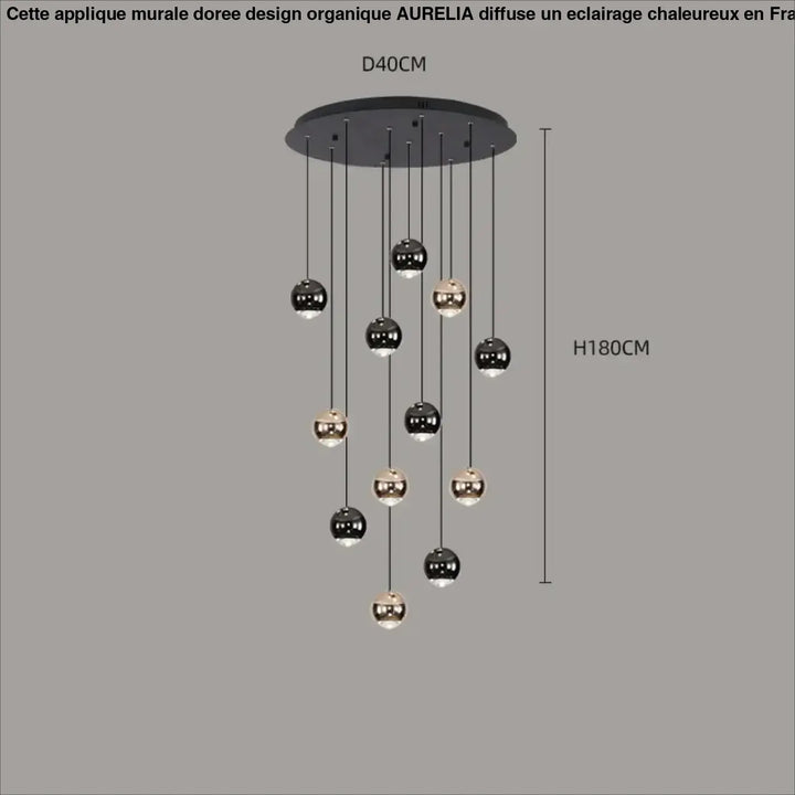 Suspension Contemporaine Cascade Boules Noires Dorées