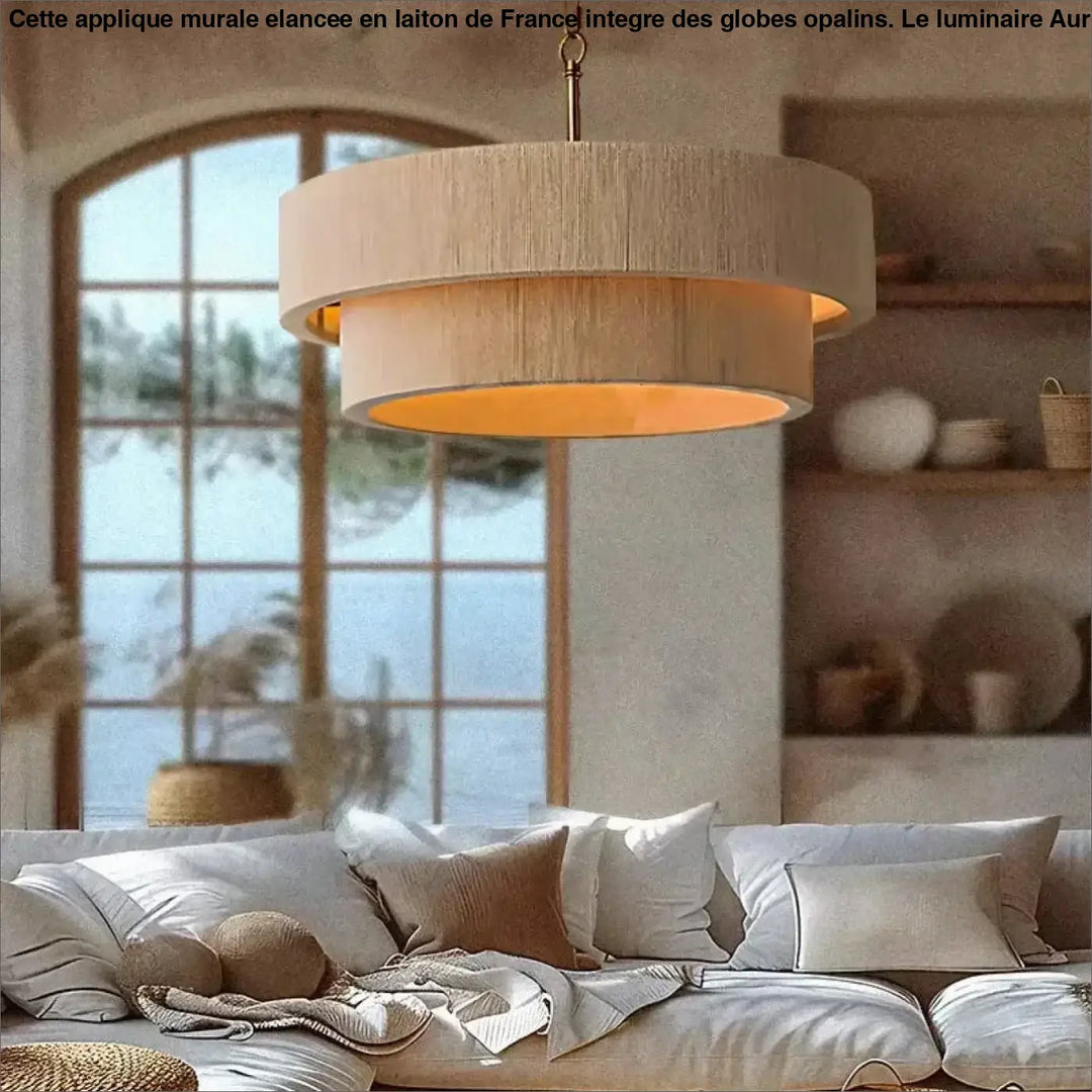 Suspension Rotin Beige Double Abat Jour Moderne