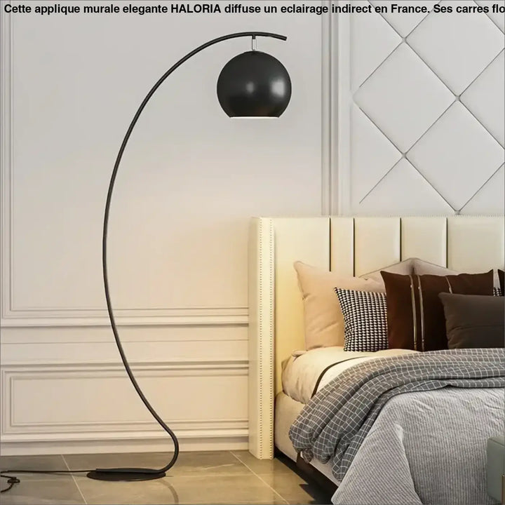 Lampadaire design yora noir sphérique avec arche métallique courbée style élégant demi lune