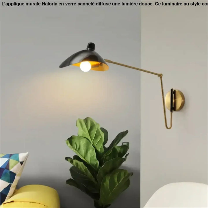 Applique murale noire et laiton ajustable en verre cannelé avec un style contemporain élégant par HALORIA