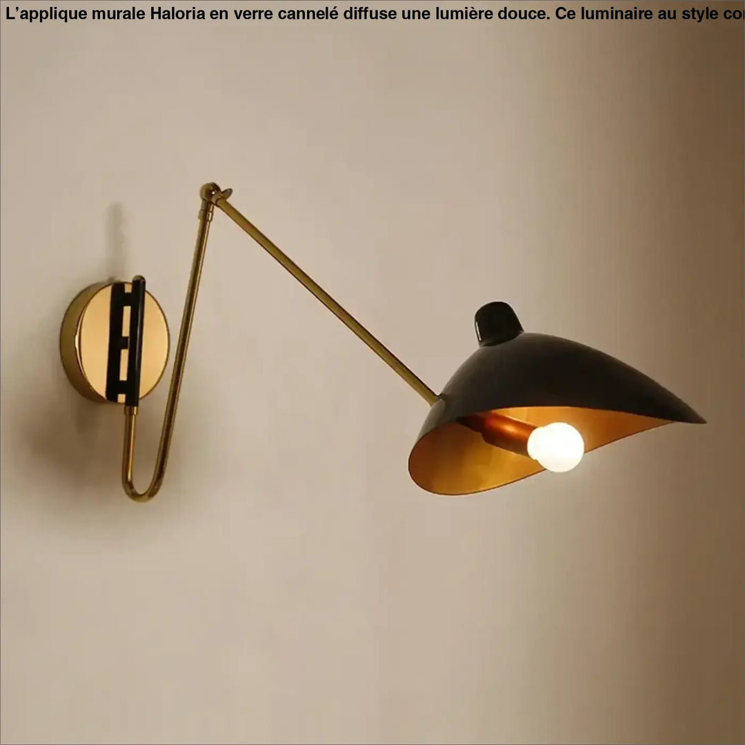 Applique murale élégante en verre cannelé style contemporain avec bras courbé en noir et laiton réglable