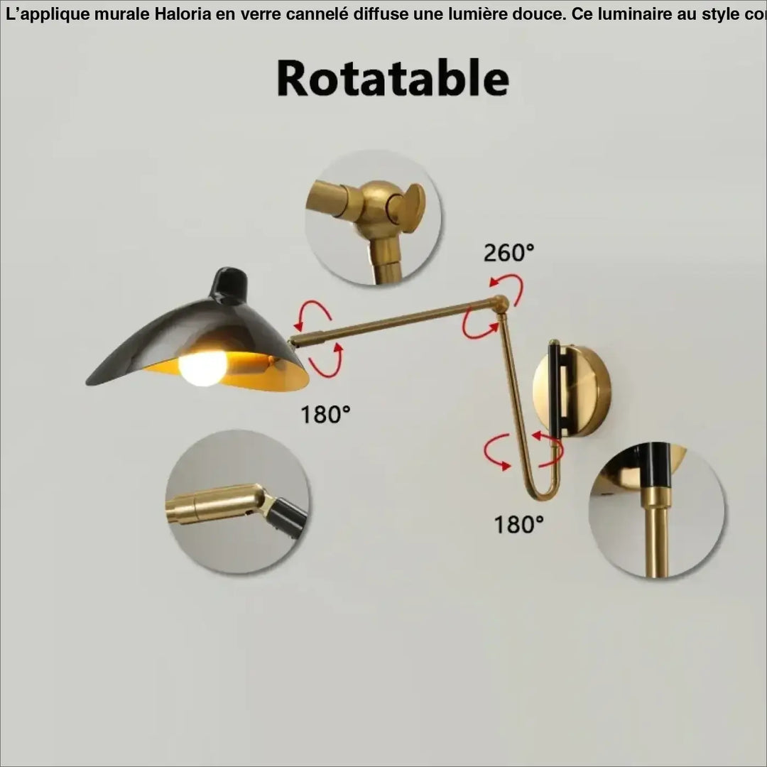 Applique murale élégante en verre cannelé style contemporain avec finition noire et laiton et bras ajustable rotatif 260°