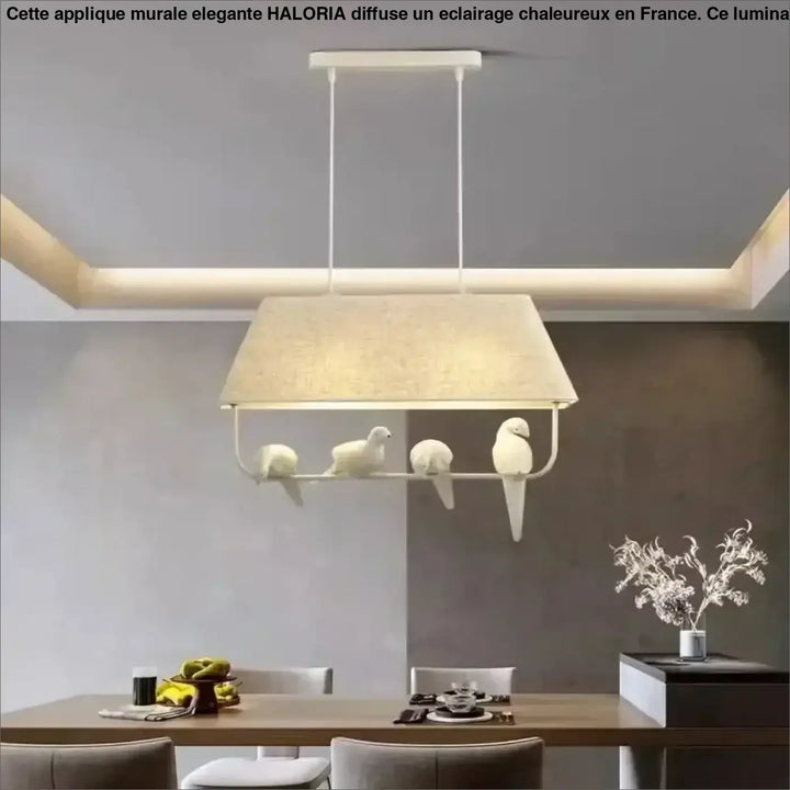 Suspension luminaire rectangulaire blanc avec abat-jour en tissu et oiseaux en céramique lumibird
