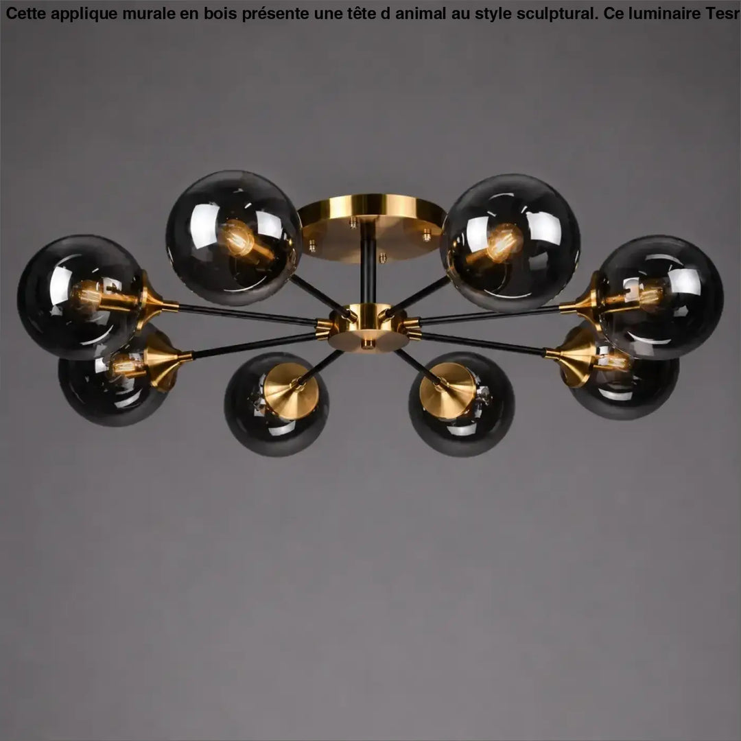 Plafonnier à branches noir en verre avec accents métal doré et ampoules led apparentes luminaire plafonnier ambrina