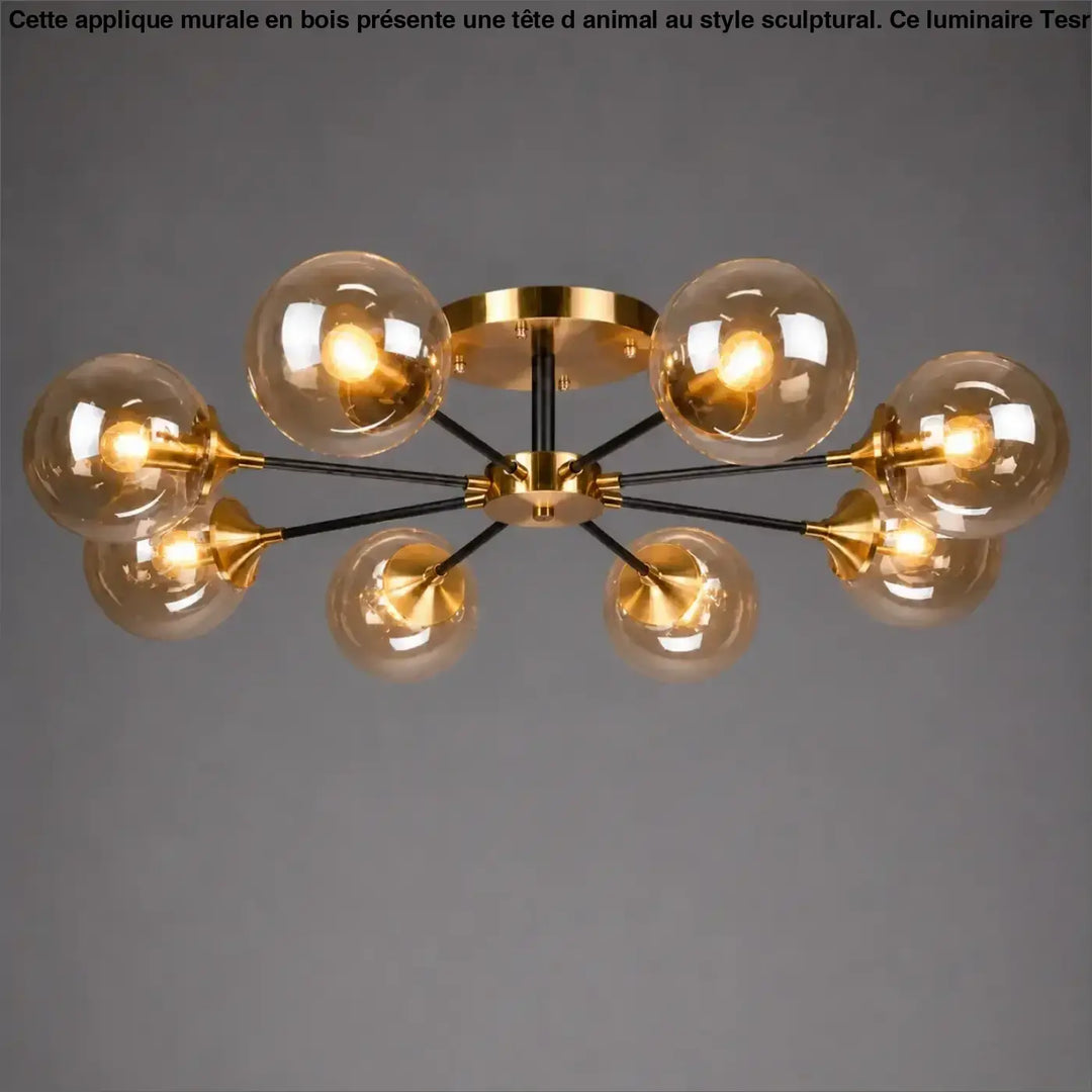 Plafonnier à branches modern en métal doré et noir avec six globes en verre ambre et ampoules led ambrina