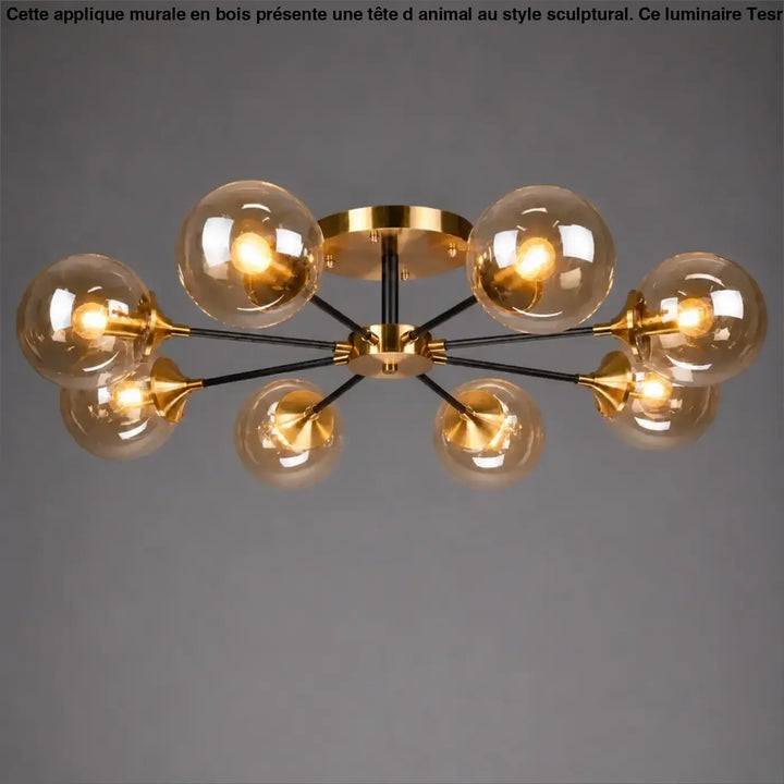 Plafonnier à branches modern en métal doré et noir avec six globes en verre ambre et ampoules led ambrina