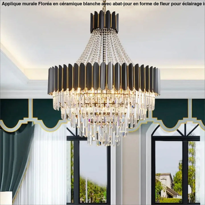 Applique murale en céramique avec abat jour en forme de fleur floréa et chandelier moderne noir et or avec cristaux près d’un miroir
