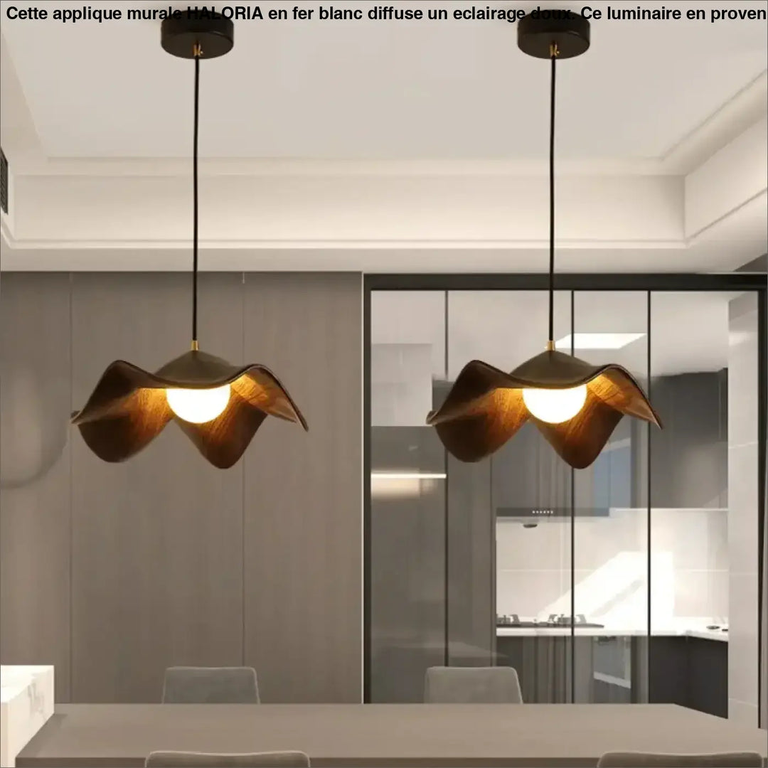 Deux appliques murales en fer blanc bronze avec eclairage doux led en forme de pétales suspendues par cordons noirs