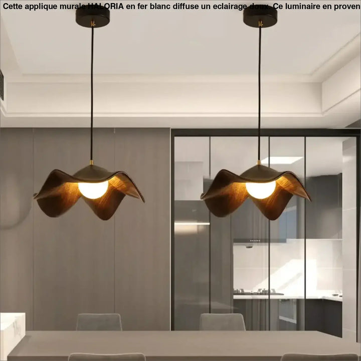 Deux appliques murales en fer blanc bronze avec eclairage doux led en forme de pétales suspendues par cordons noirs