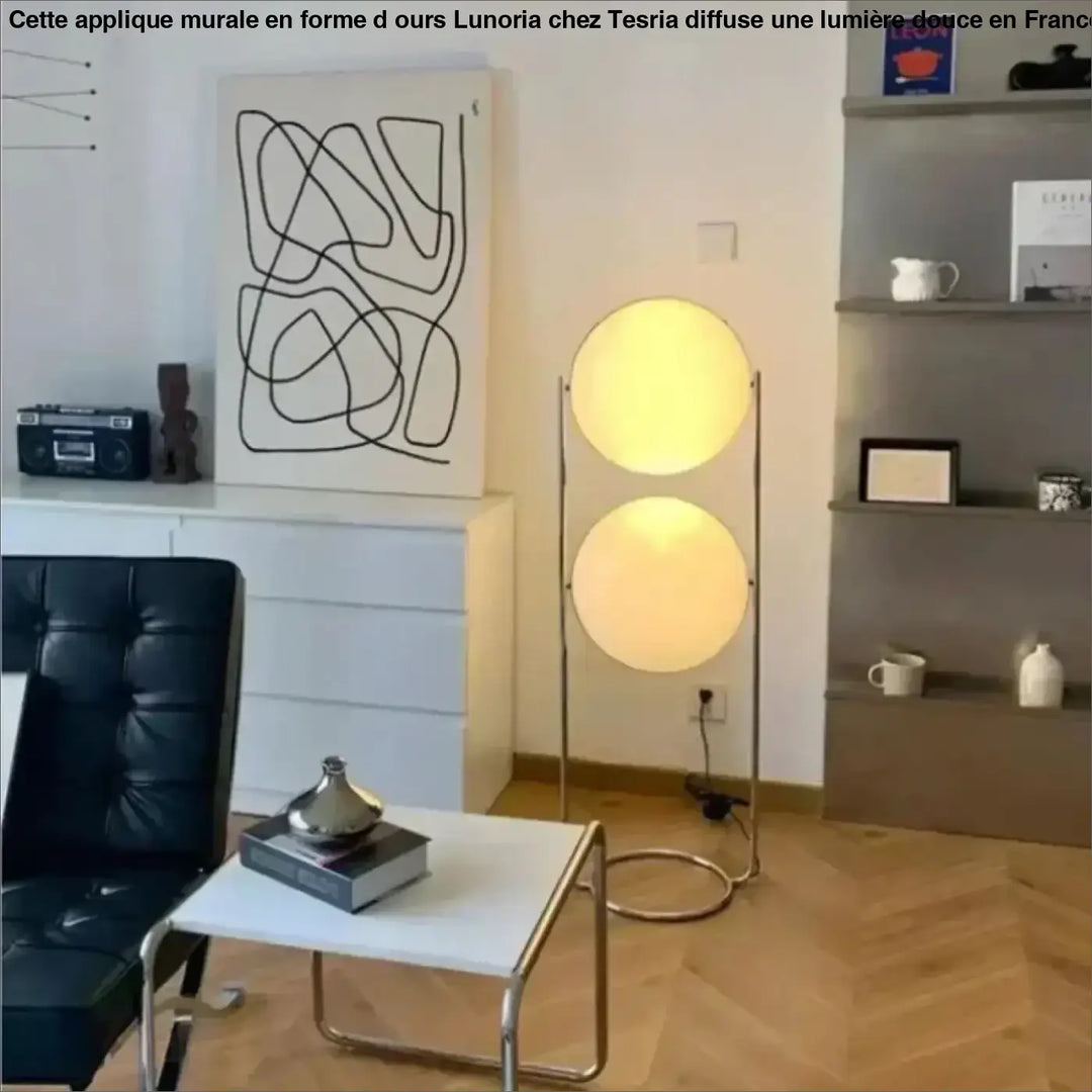 Lampadaire isandy moderne avec deux abat-jours circulaires lumineux et structure métallique fine argentée