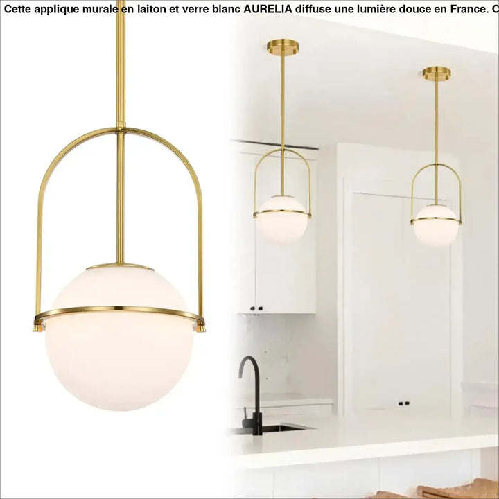 Suspension Globe Moderne Verre Opalin Structure Dorée Élégante

