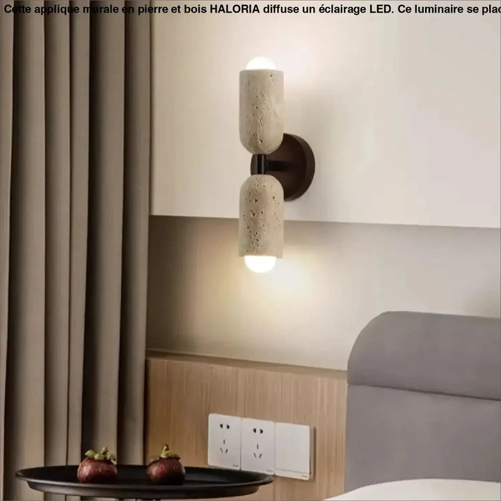 Applique murale en pierre avec un support en bois et à LED

