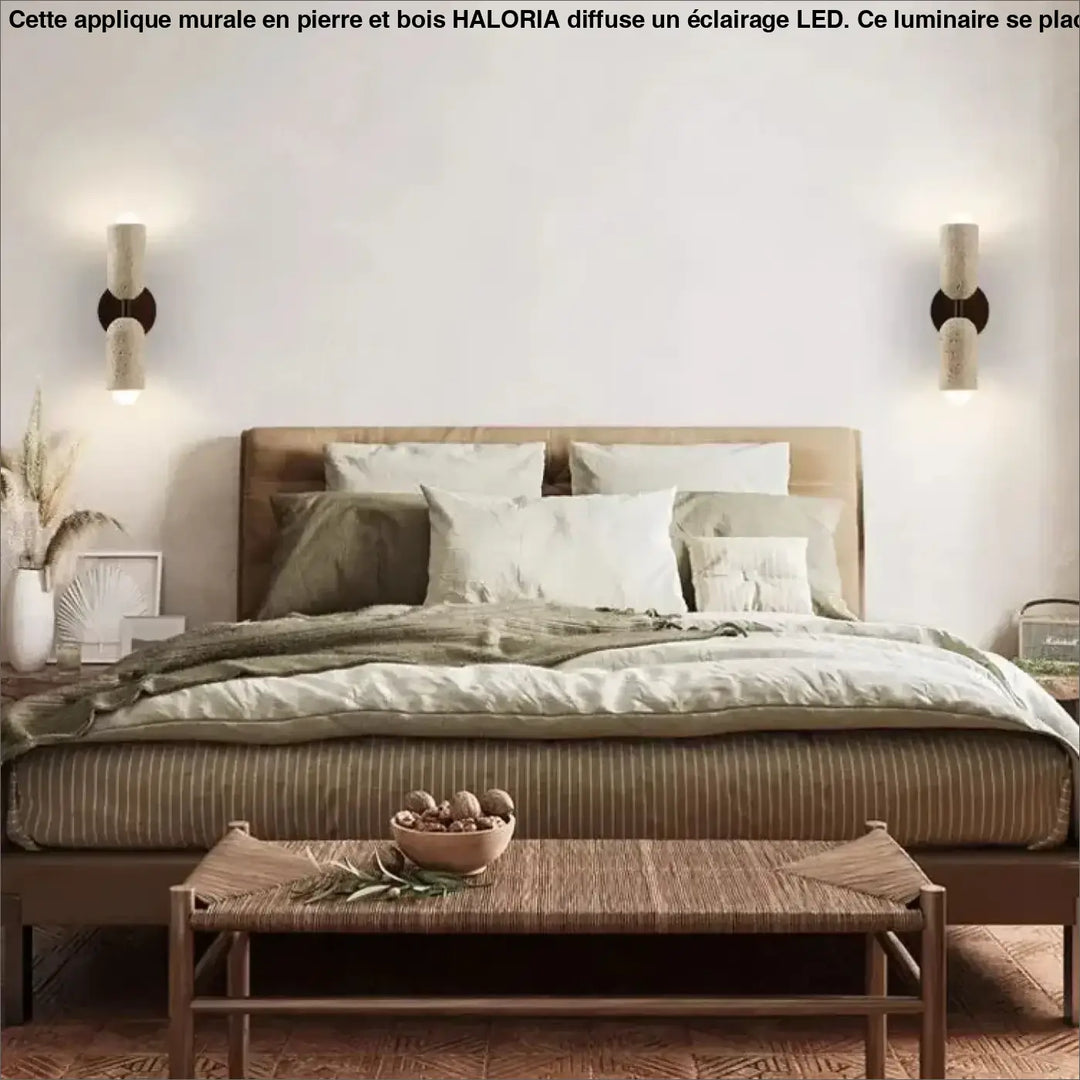 Applique murale en pierre avec un support en bois et à LED

