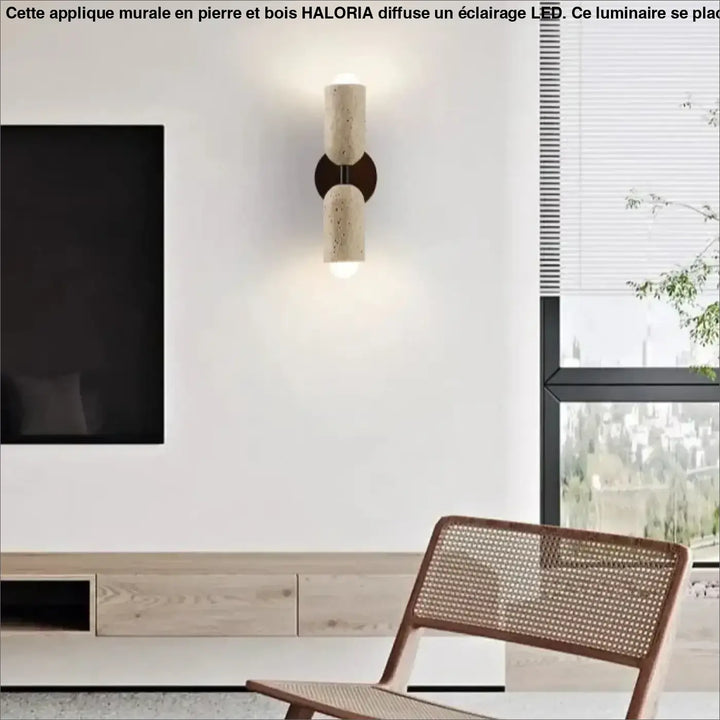 Applique murale en pierre avec un support en bois et à LED

