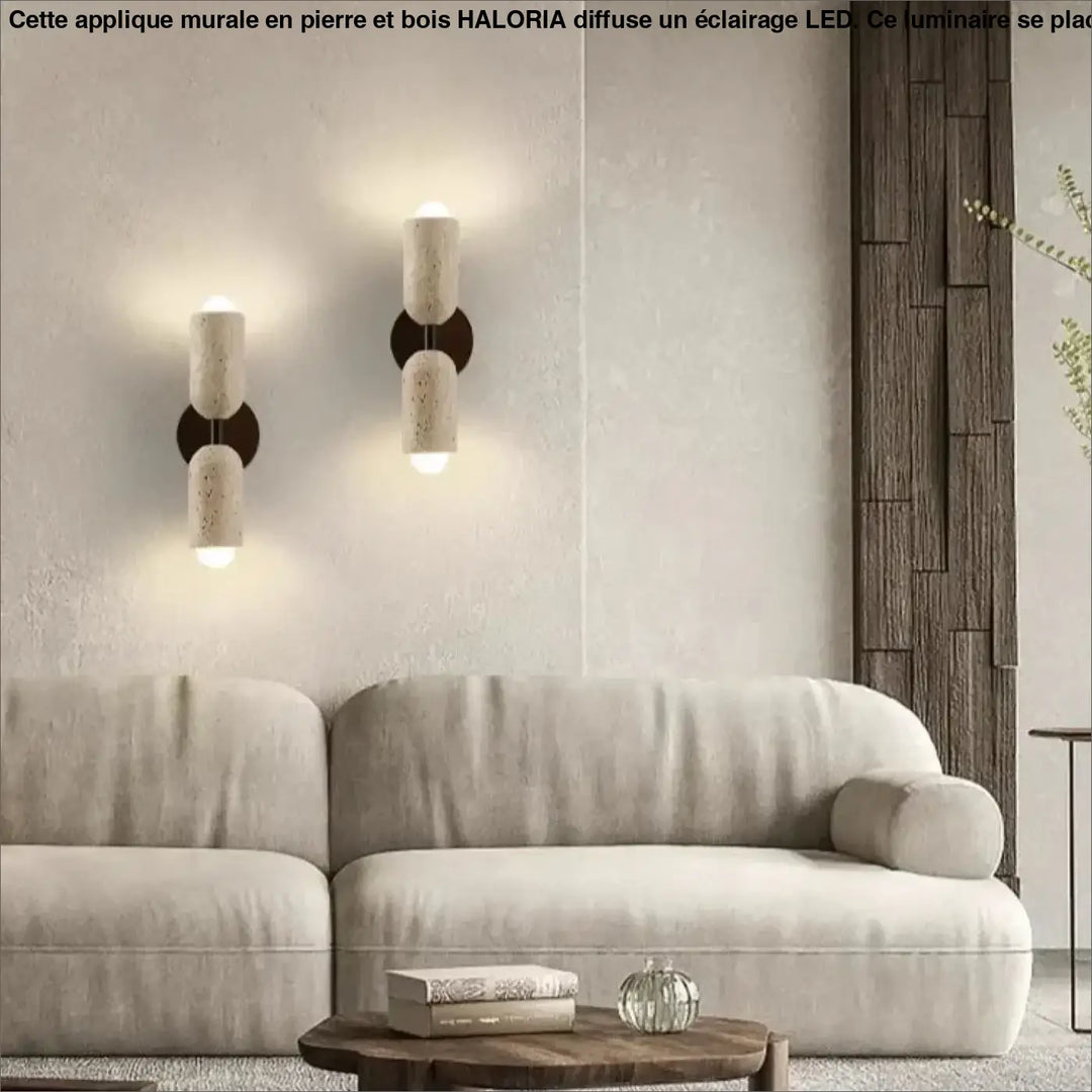 Applique murale en pierre avec un support en bois et à LED

