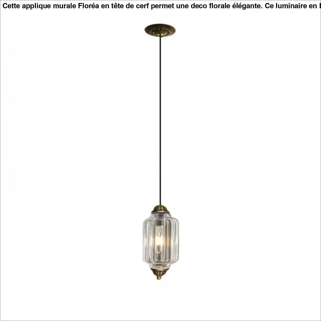 Suspension luminaire strior en laiton antique avec abat-jour en verre clair à côtes verticales et cordon noir