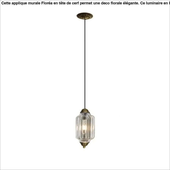 Suspension luminaire strior en laiton antique avec abat-jour en verre clair à côtes verticales et cordon noir